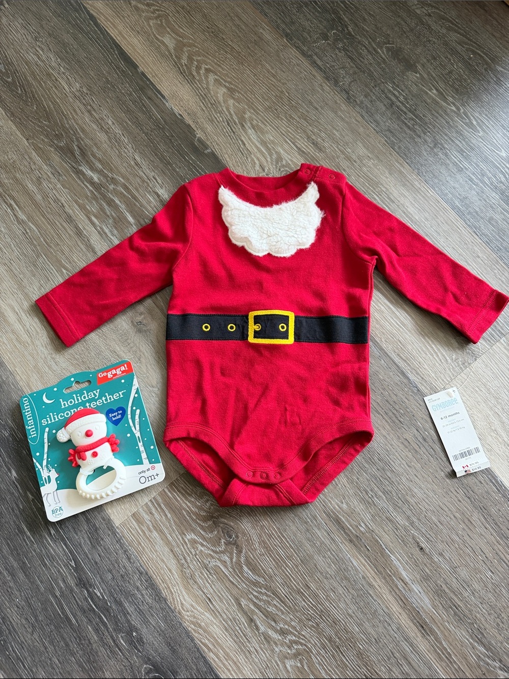 NWT Gymboree Holiday Santa Belt Baby Bodysuit (6-12 months) & Infantino Teether